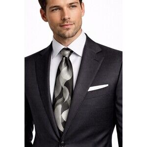 Renzo 100% Silk Abstract Wave Tie Black Silver Gray | Modern Design | GUC